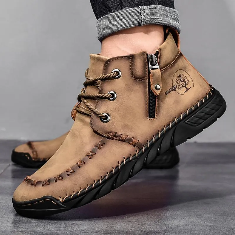 2023 spring mid-top Martin boots large size hand-stitched zipper leather boots