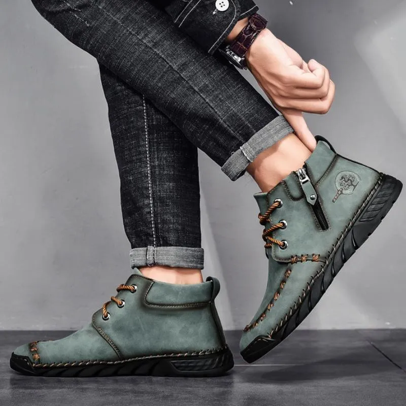 2023 spring mid-top Martin boots large size hand-stitched zipper leather boots