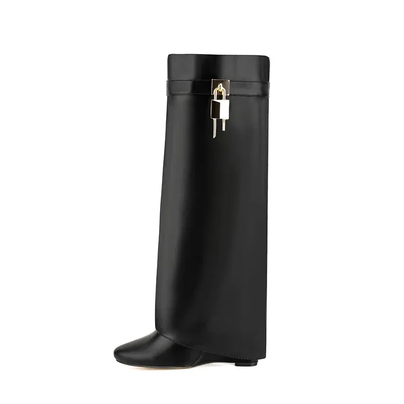 A&A Faux Leather Lock Knee High Boots