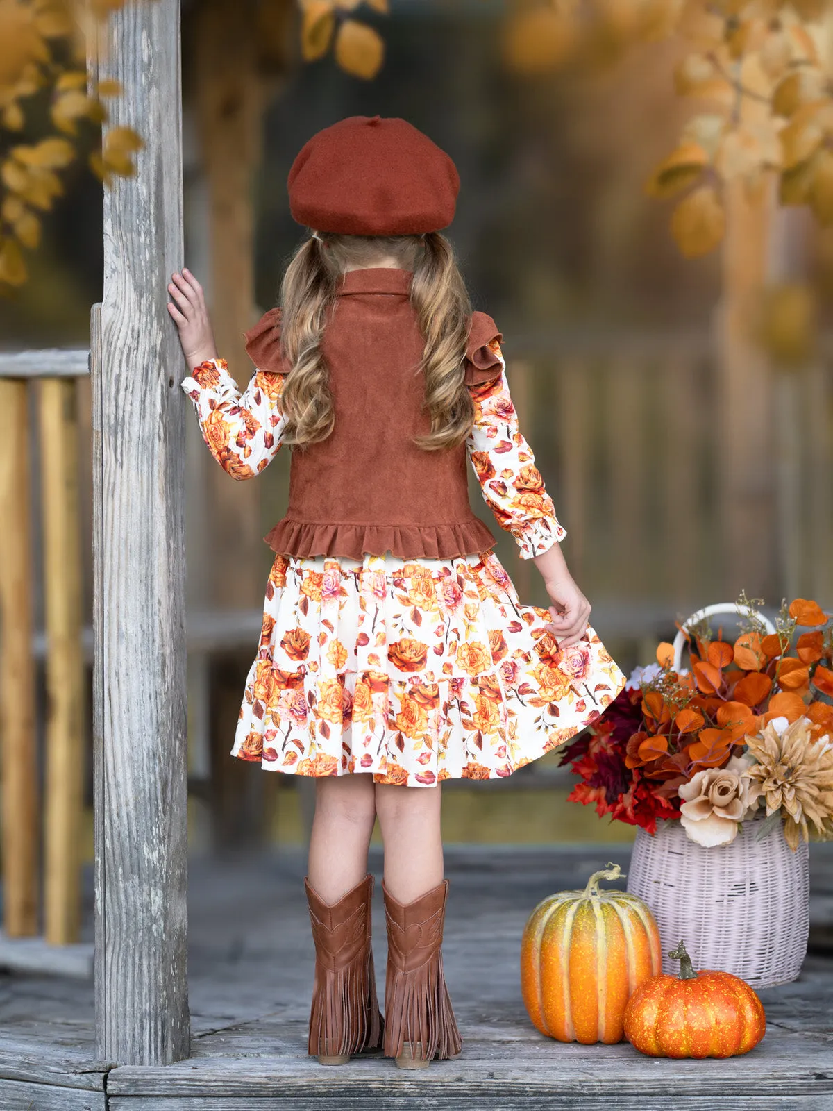 Autumn Floral Faux Suede Vest Dress Set