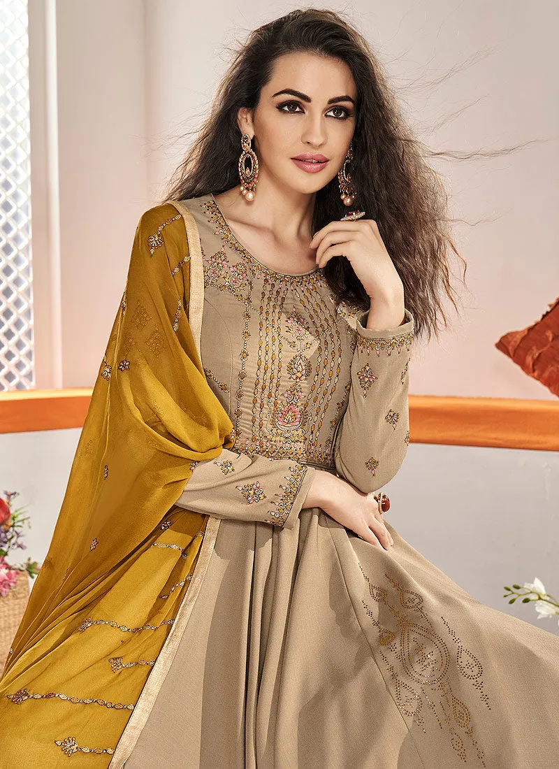 Beige And Yellow Traditional Embroidered Anarkali Suit