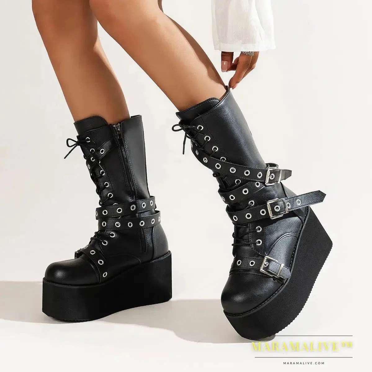 Big Size 43 Women Boots Black Lace Up Buckle Round Toe Wedges Platform Boots Punk Goth INS Women Street Shoes