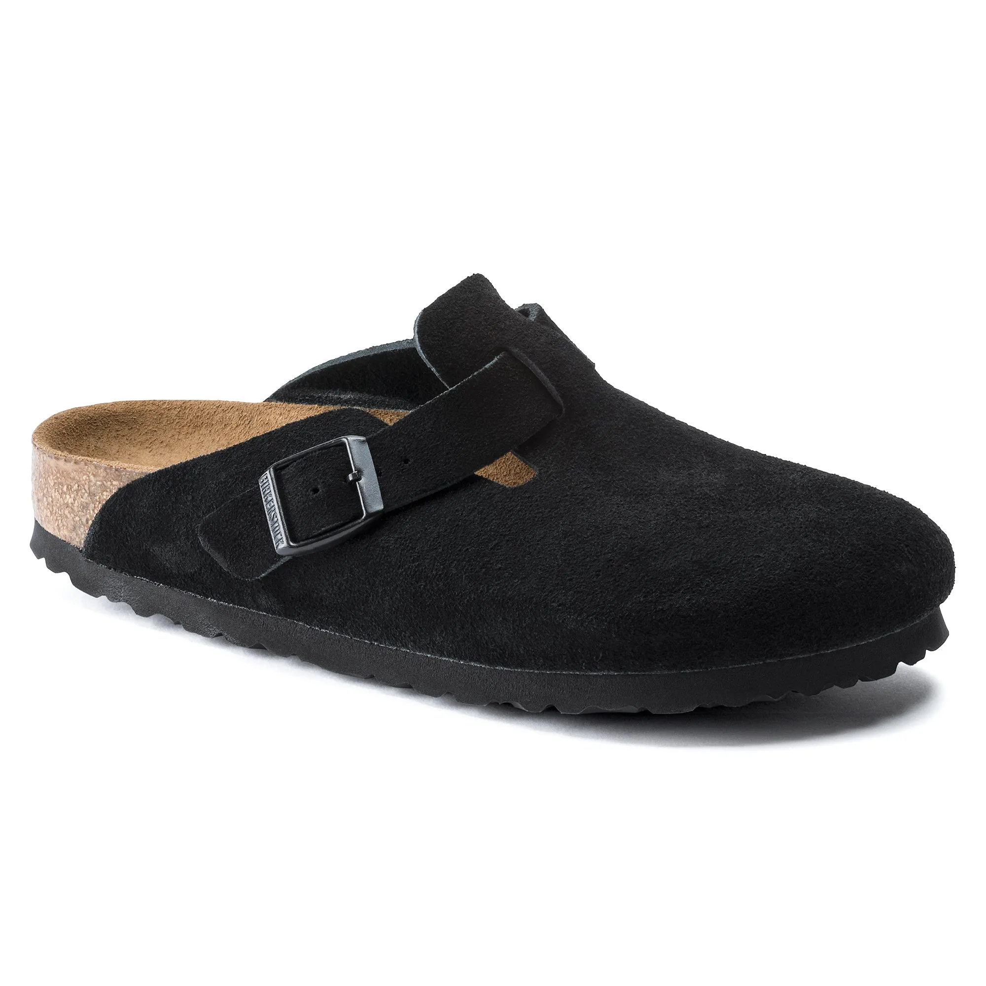 Birkenstock Boston Soft Footbed Suede Leather Color: Black (REGULAR/WIDE WIDTH)