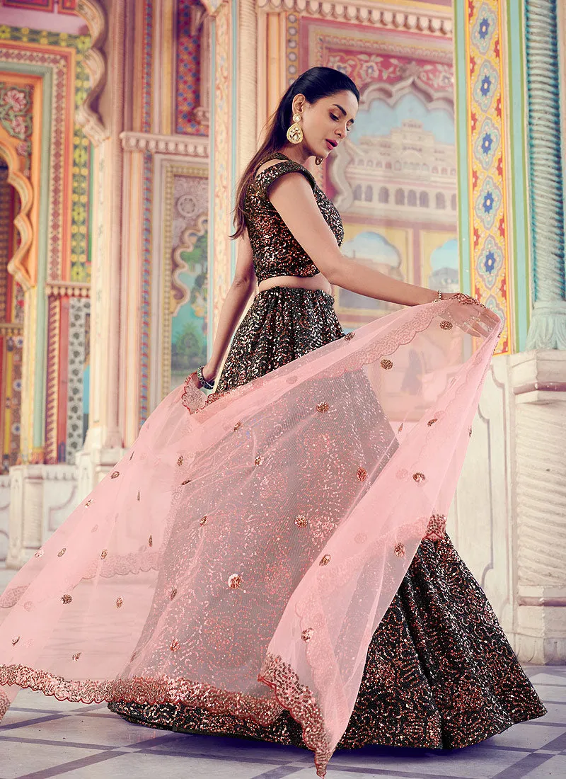 Black And Peach Sequence Embroidered Lehenga Choli