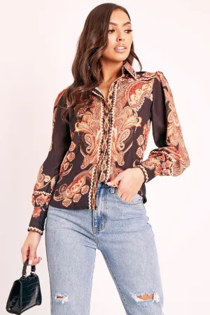 Black Brown Paisley Print Button Front Shirt - Raina