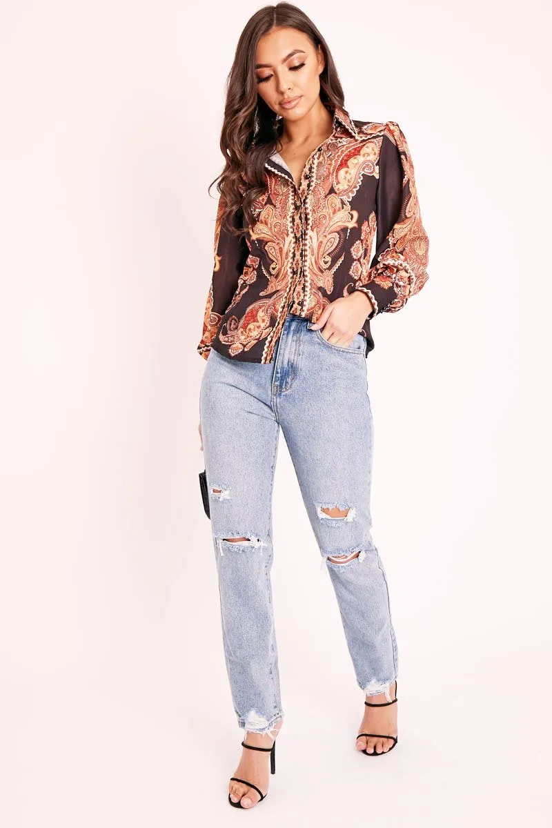 Black Brown Paisley Print Button Front Shirt - Raina