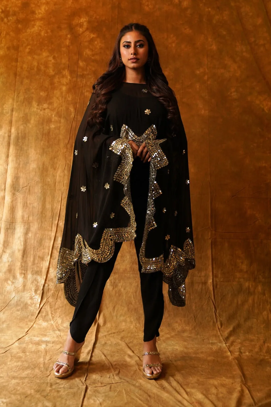 Black Dupatta Cape with Mirrorwork & Dhoti Set