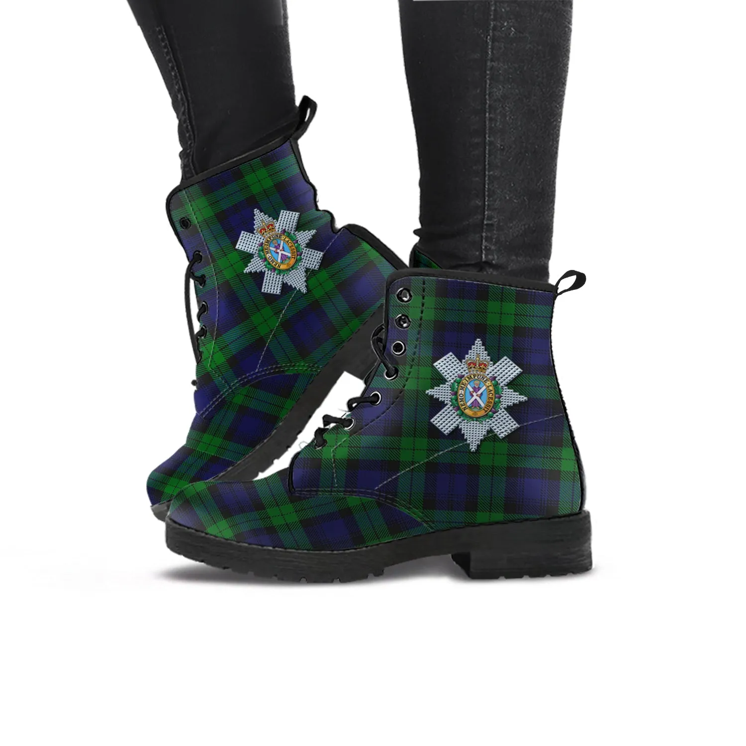 Black Watch Tartan Leather Boots with Family Crest