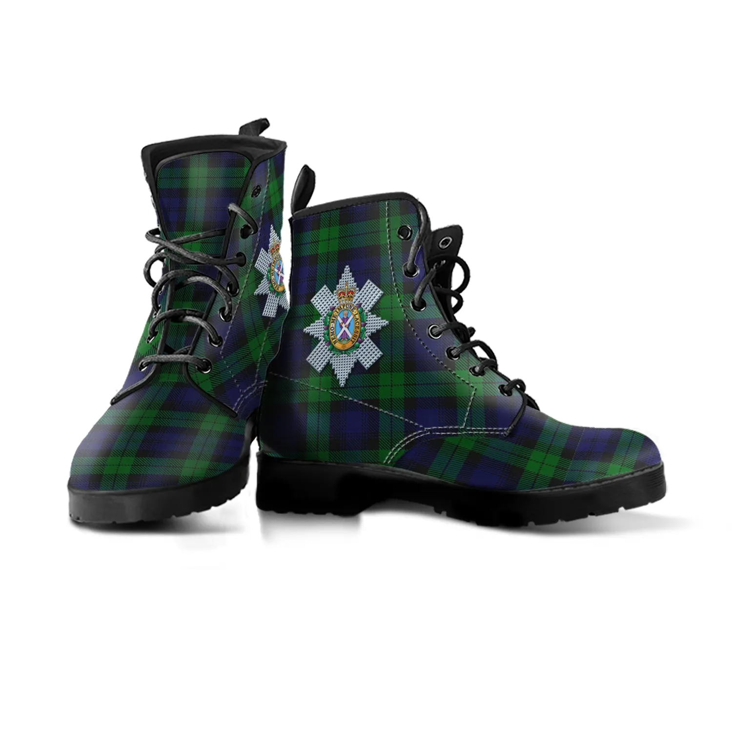 Black Watch Tartan Leather Boots with Family Crest