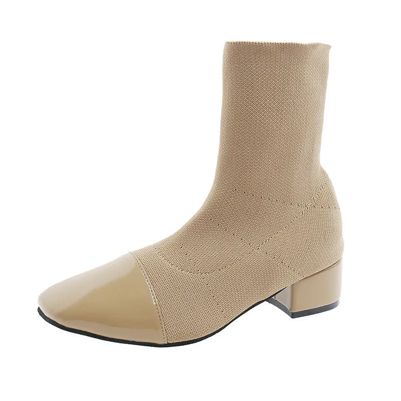 Block heel knit boots