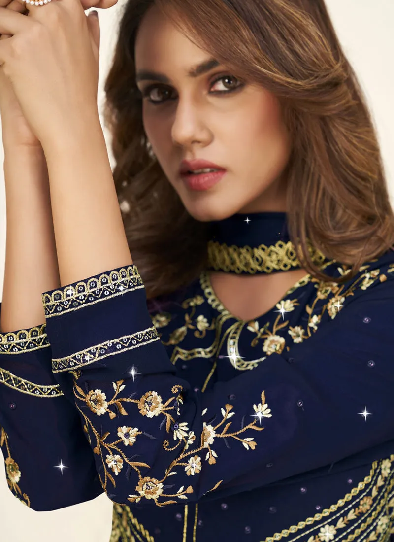 Blue Sequence Embroidery Festive Palazzo Suit