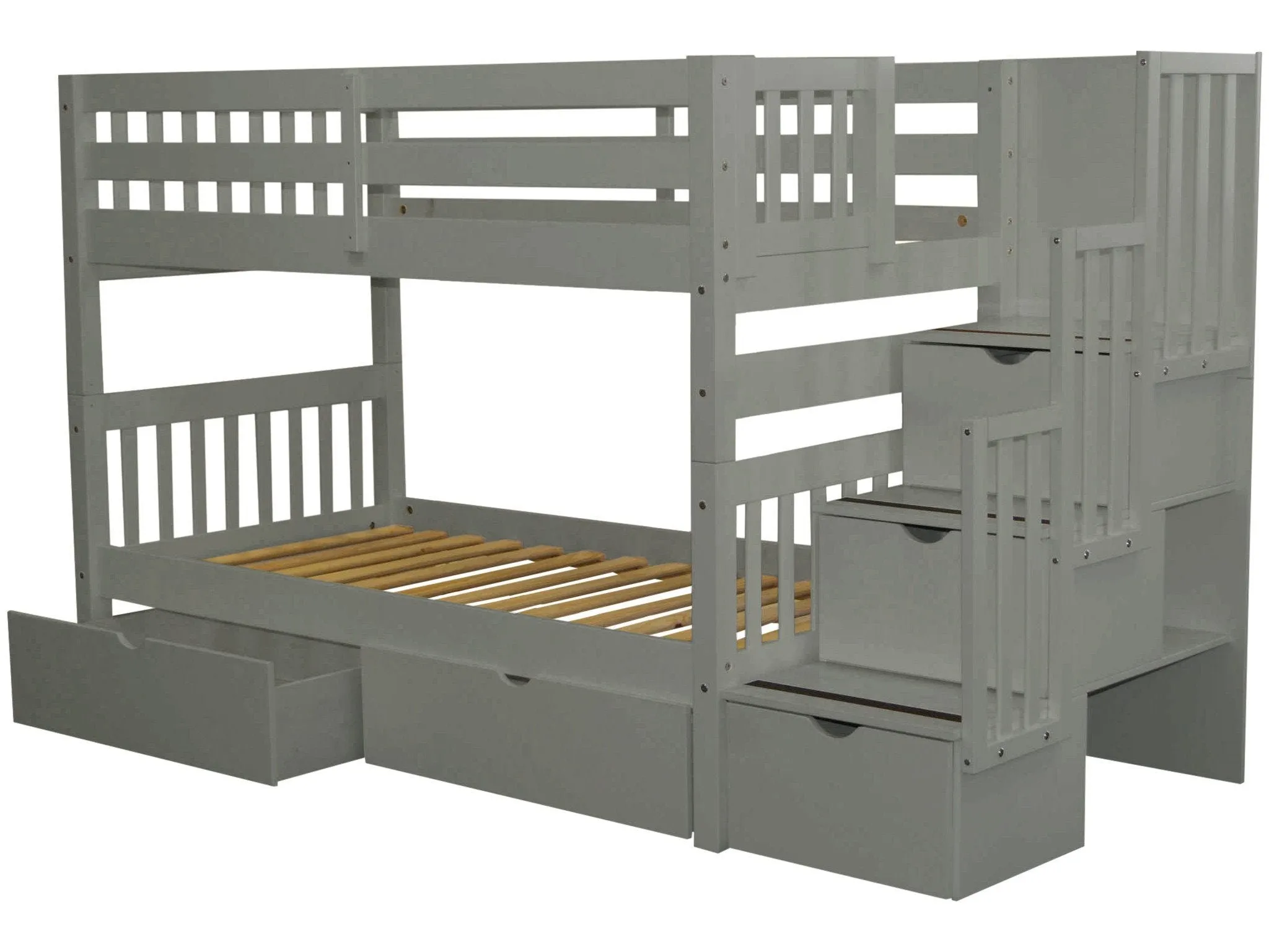 Bunk Beds Twin over Twin Stairway Gray   2 Extra Drawers