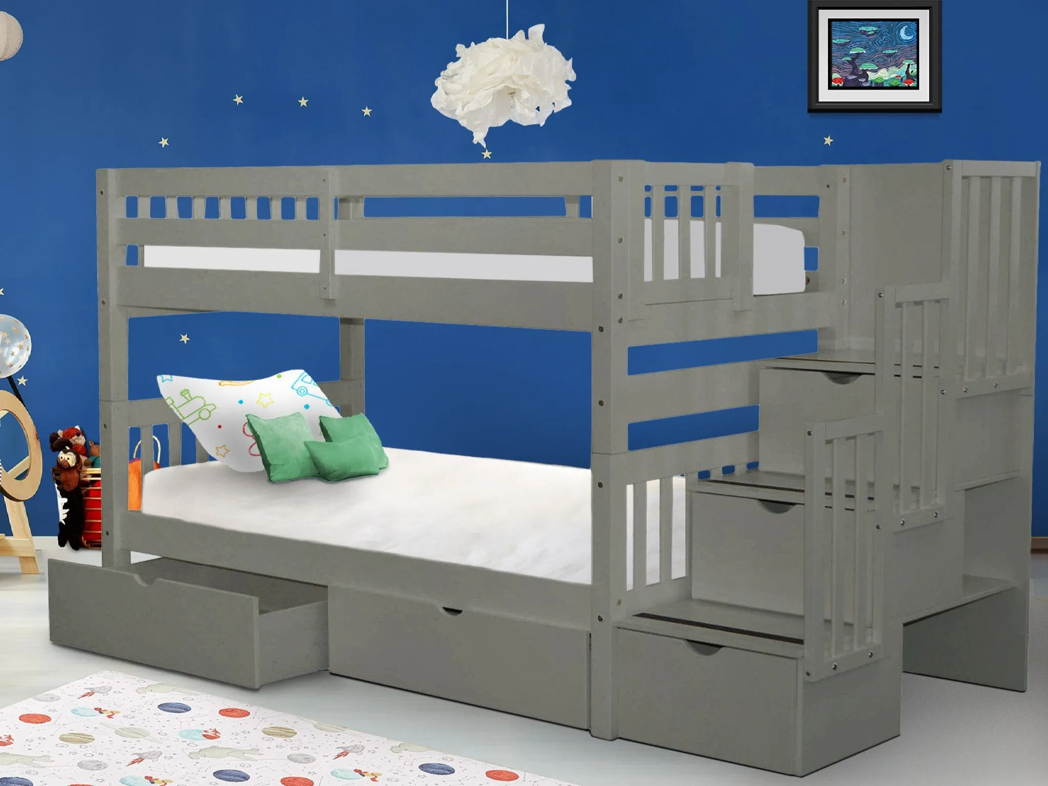 Bunk Beds Twin over Twin Stairway Gray   2 Extra Drawers