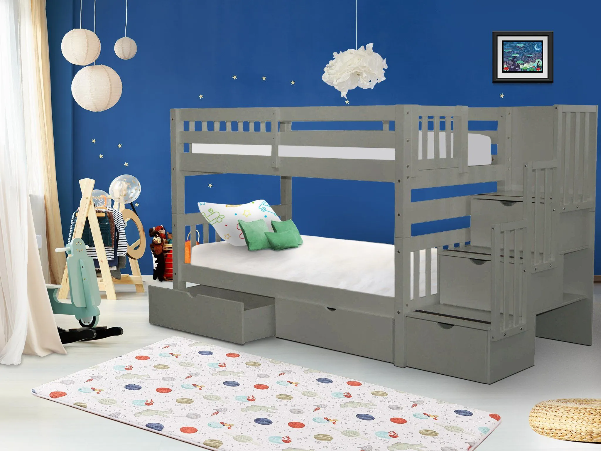 Bunk Beds Twin over Twin Stairway Gray   2 Extra Drawers