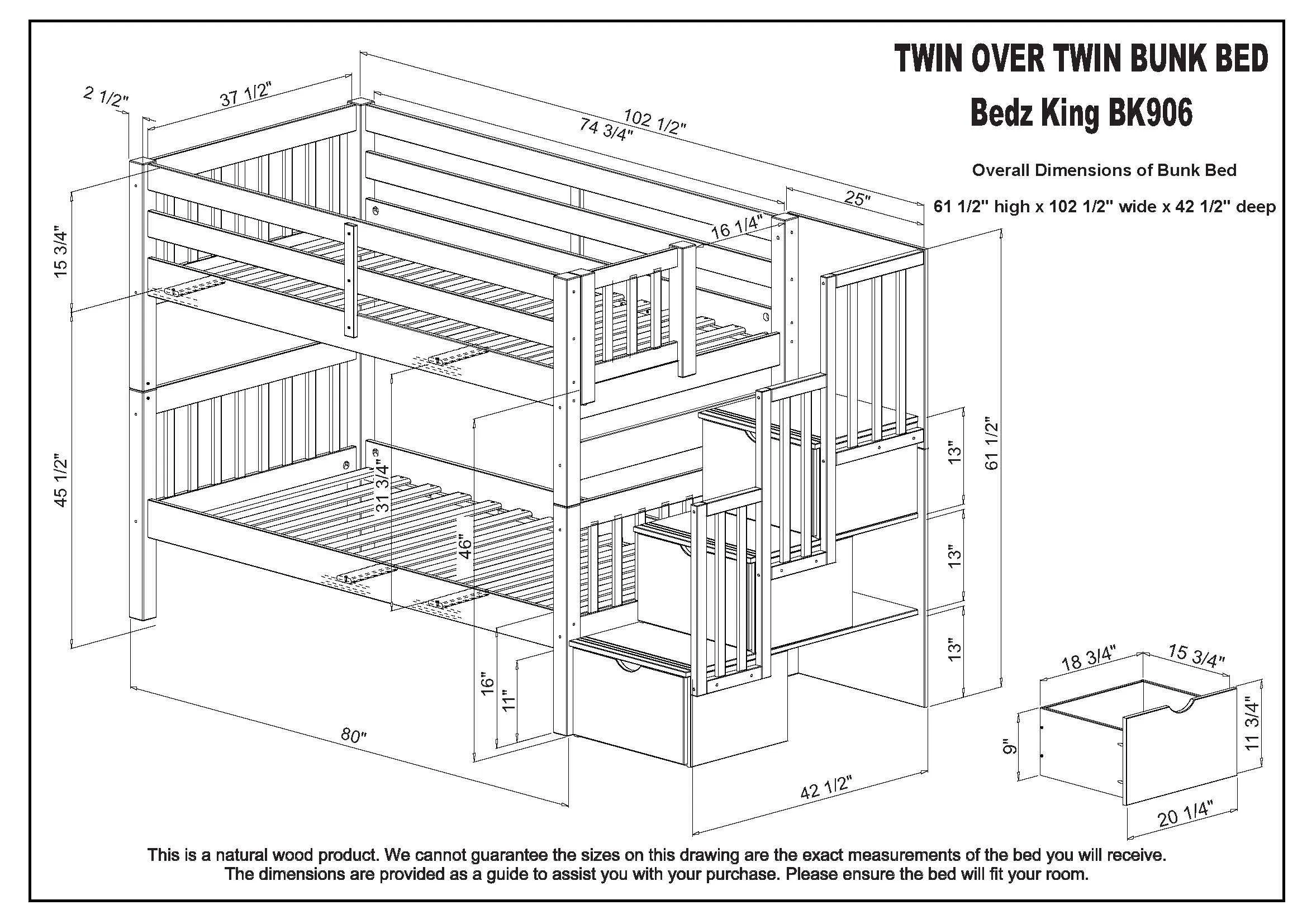 Bunk Beds Twin over Twin Stairway Gray   2 Extra Drawers