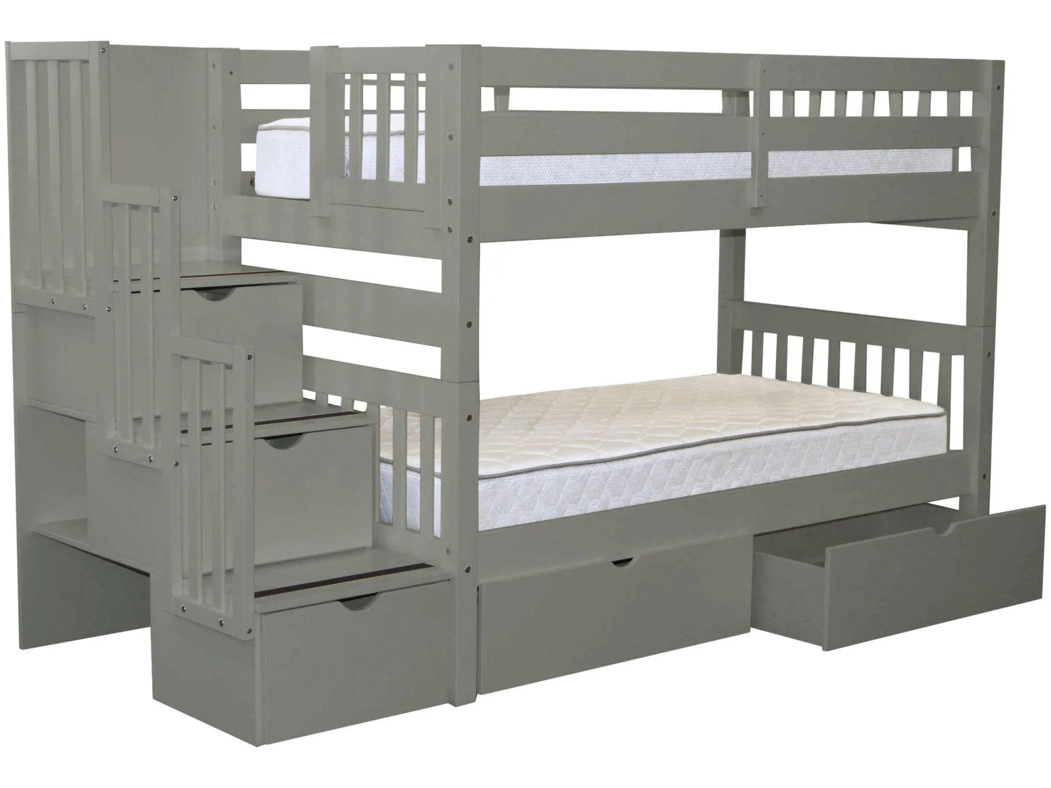 Bunk Beds Twin over Twin Stairway Gray   2 Extra Drawers