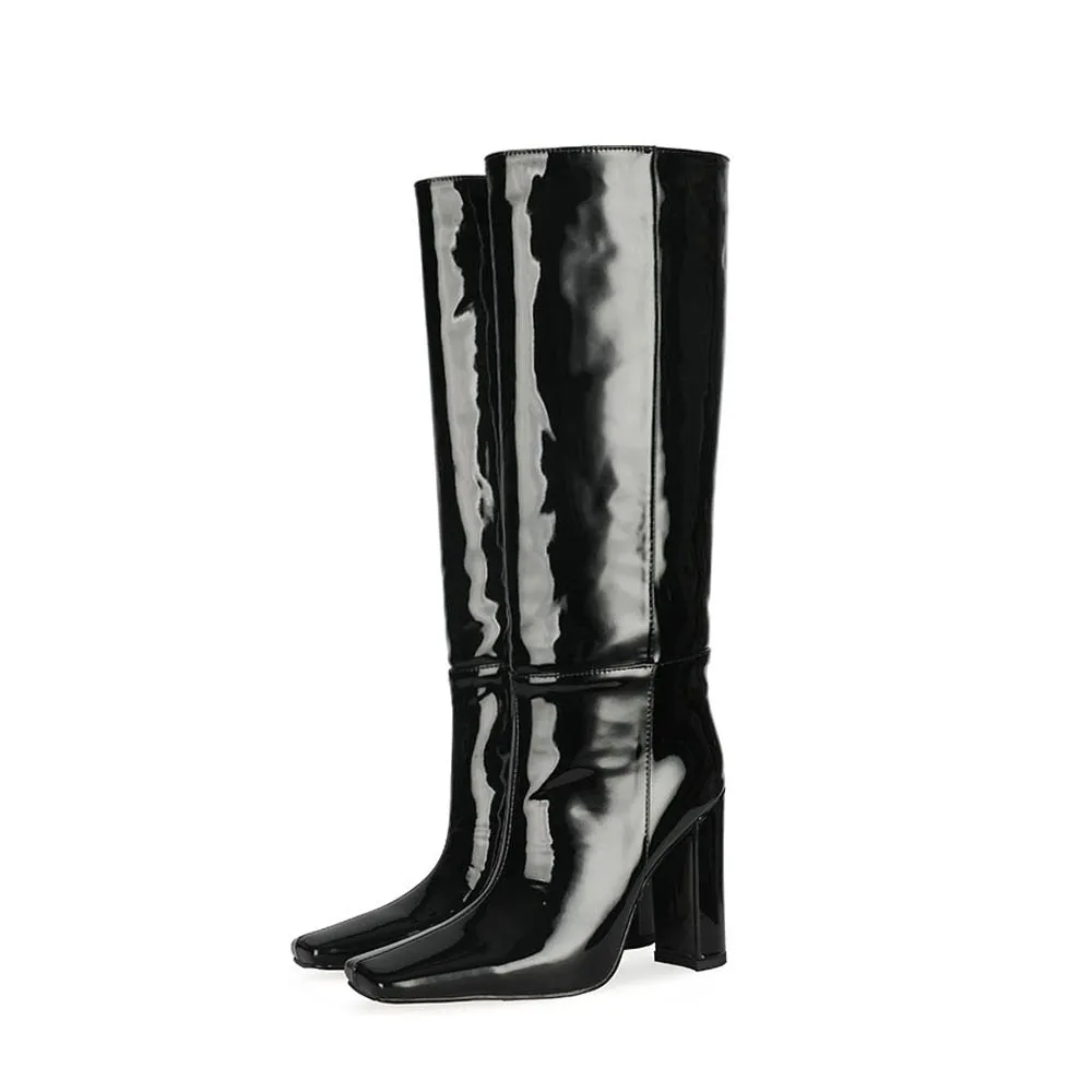 ChicExoLeather Square Toe Thick Heels Long Boots