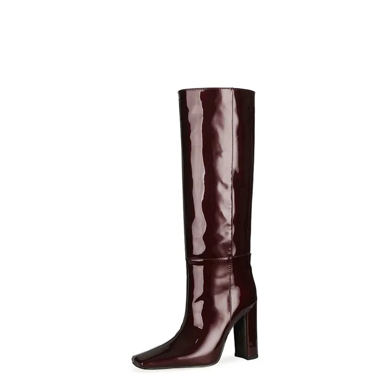 ChicExoLeather Square Toe Thick Heels Long Boots