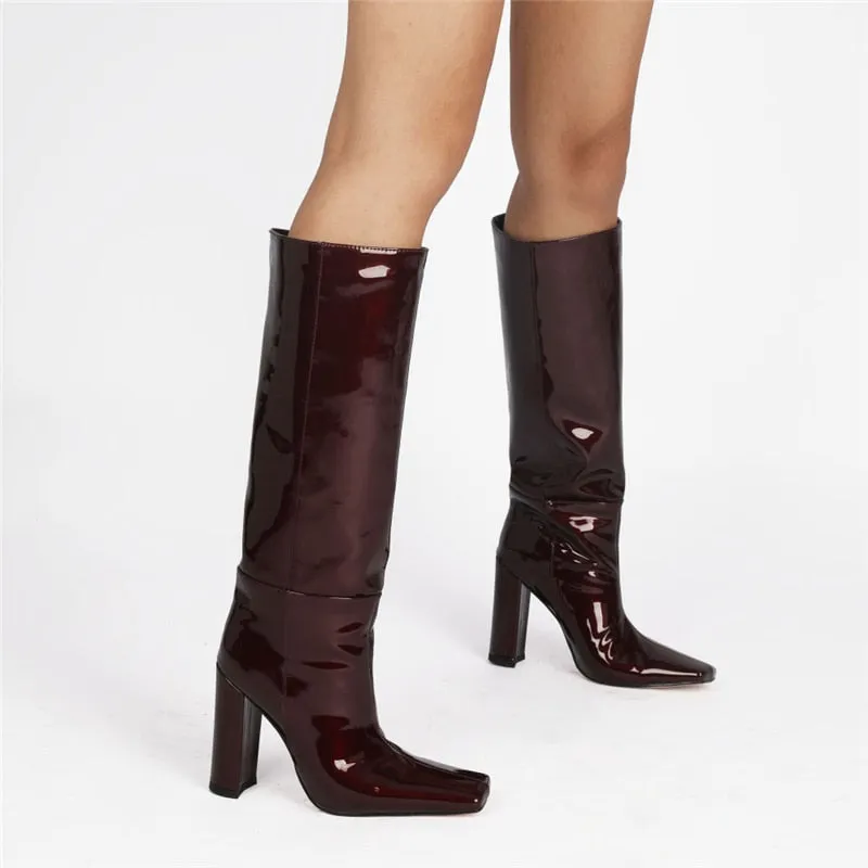 ChicExoLeather Square Toe Thick Heels Long Boots