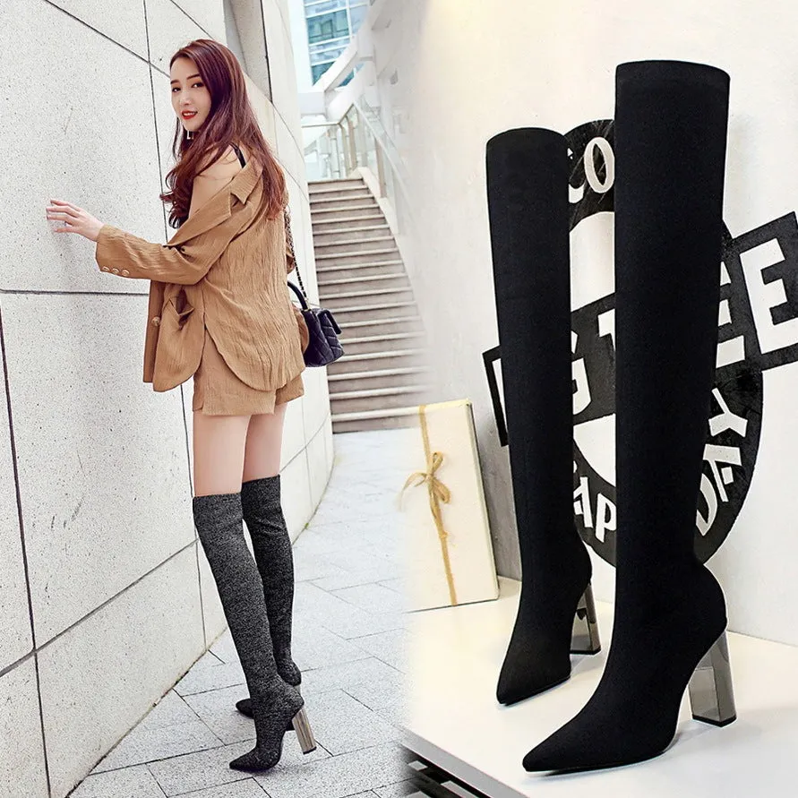 Chunky Metal Heel High Boots