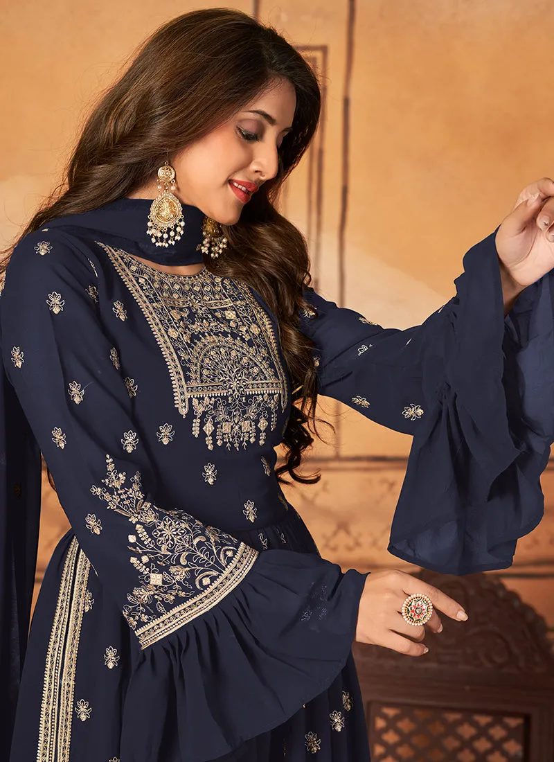 Dark Blue Georgette Embroidered Festive Palazzo Suit