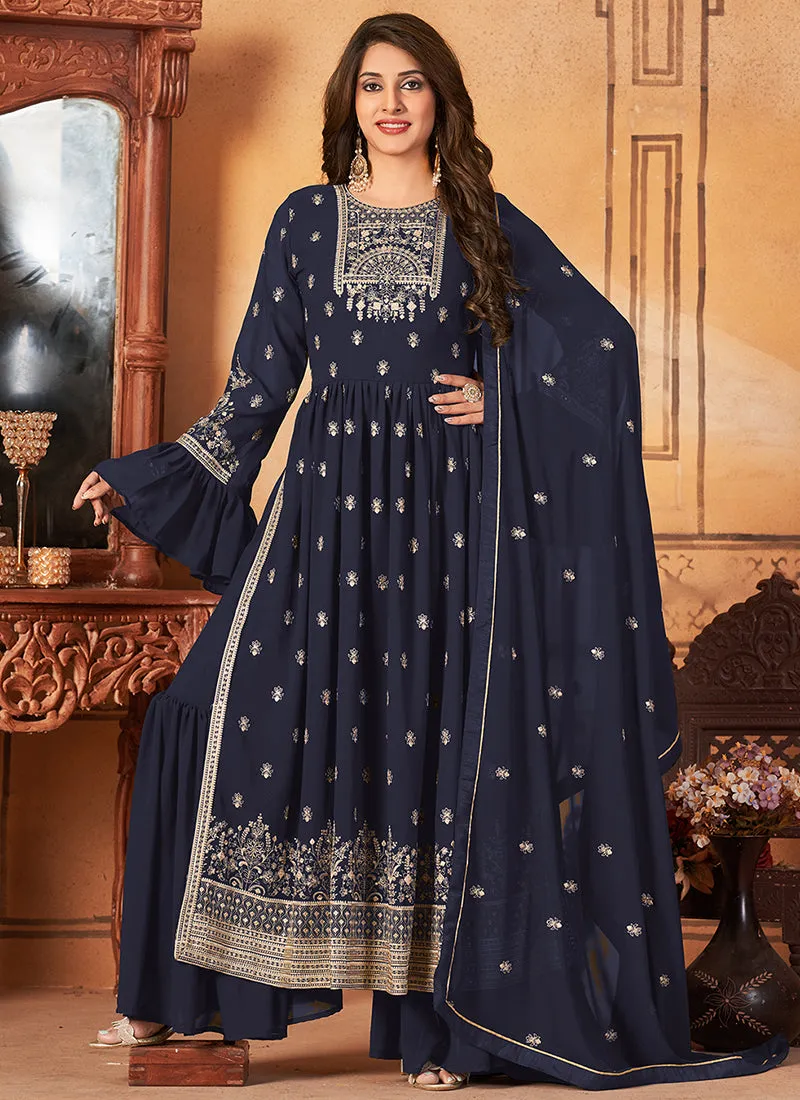 Dark Blue Georgette Embroidered Festive Palazzo Suit