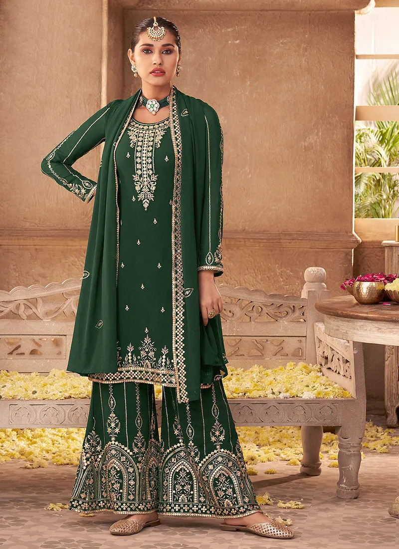 Deep Green Zari Embroidered Festive Palazzo Style Suit