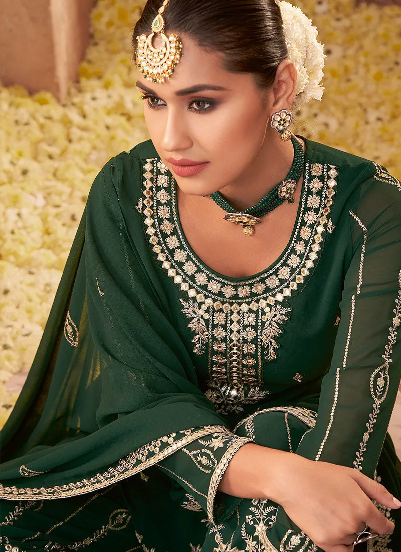 Deep Green Zari Embroidered Festive Palazzo Style Suit