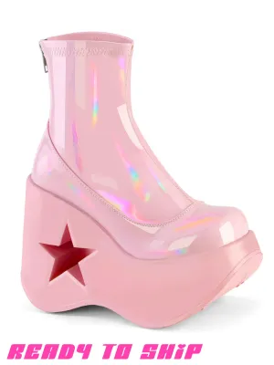 DEMONIA DYNAMITE 100 BOOTS - BABY PINK STRETCH HOLOGRAM