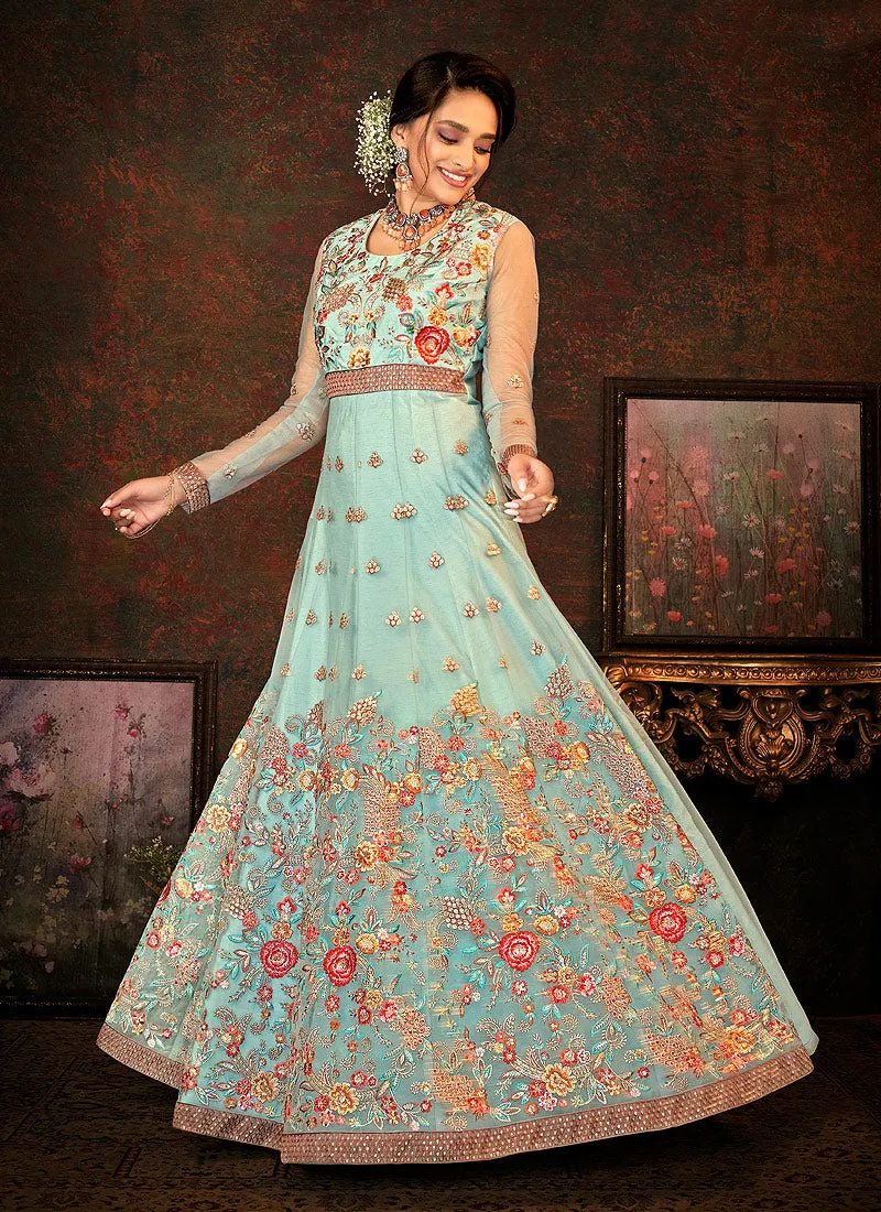 Dusty Blue Multi Embroidered Wedding Anarkali Suit