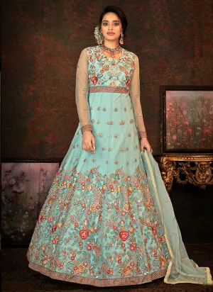 Dusty Blue Multi Embroidered Wedding Anarkali Suit