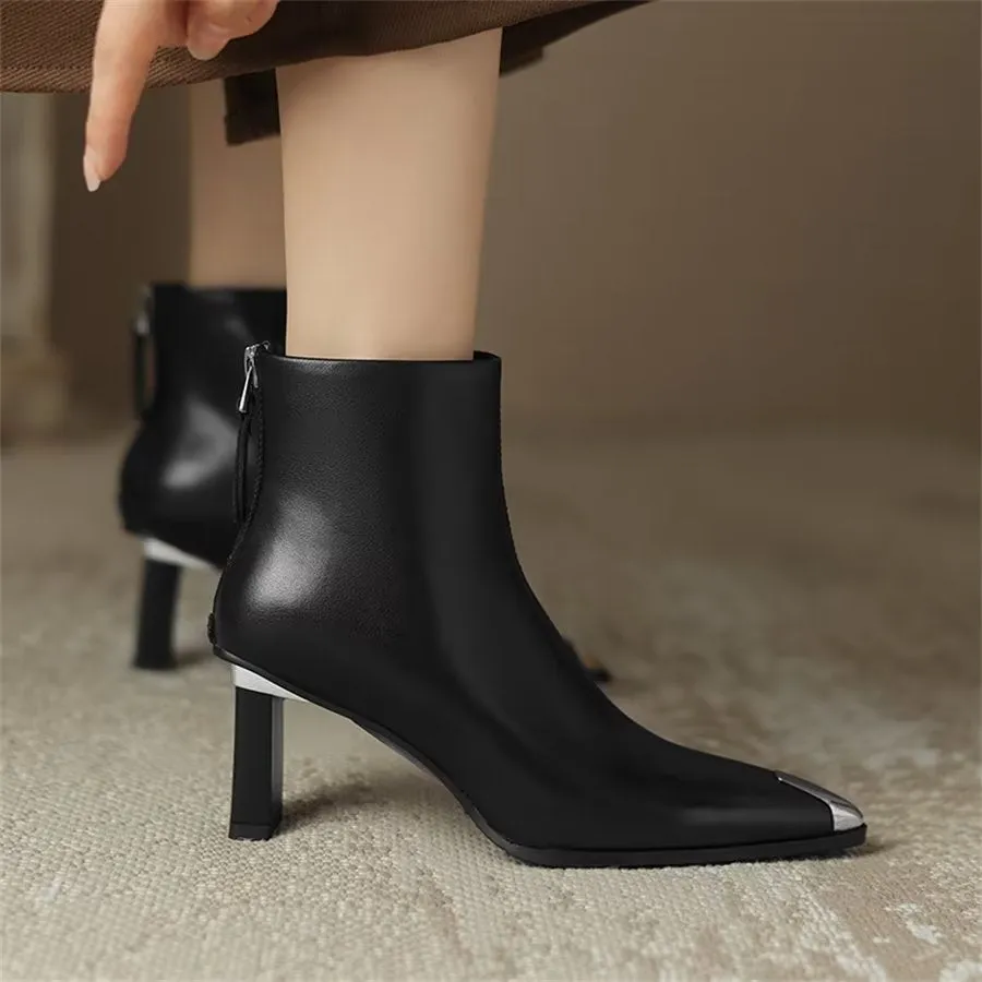 Elegant Cow Leather Pointed Toe Ankle Boots