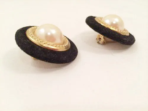 Elegant Domed Pearl & Black Suede Vintage Clip-On Earrings