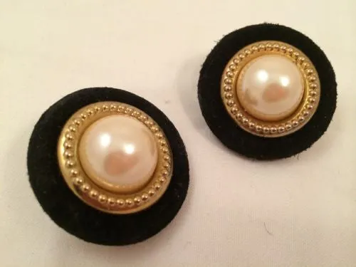 Elegant Domed Pearl & Black Suede Vintage Clip-On Earrings