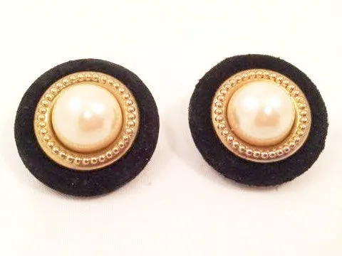 Elegant Domed Pearl & Black Suede Vintage Clip-On Earrings