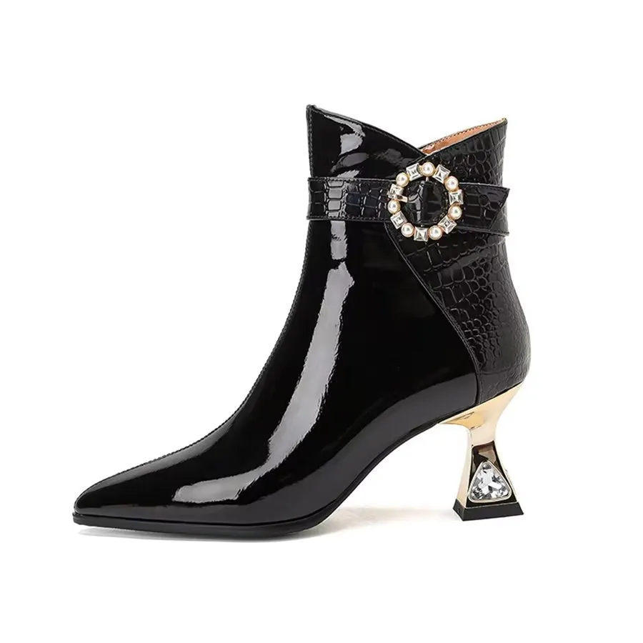 Elegant Zipper Pointed Toe Embellished High Heel Boots