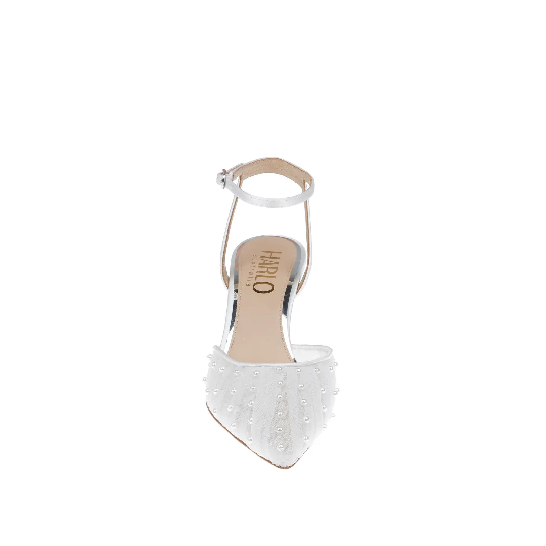 Ellie - White Low Heel with Handsewn Pearls