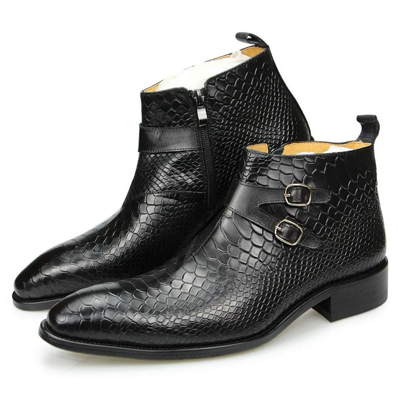 Exotic Leather Snakeskin Pattern Zipper Ankle Boots