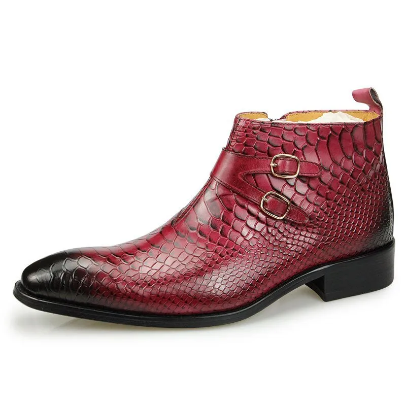 Exotic Leather Snakeskin Pattern Zipper Ankle Boots