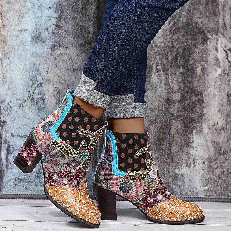 Fashion Floral Chunky Heel Ankle Boots