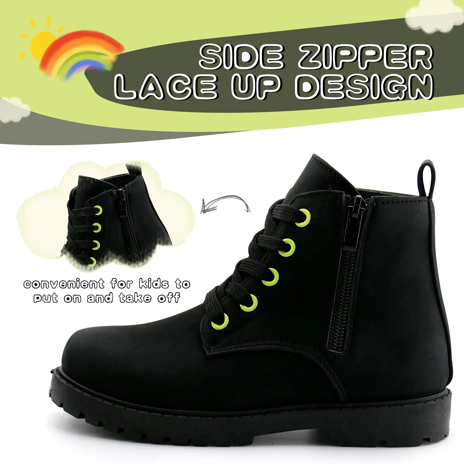 Girls Ankle Boot Side Zipper Lace Up Work Boots