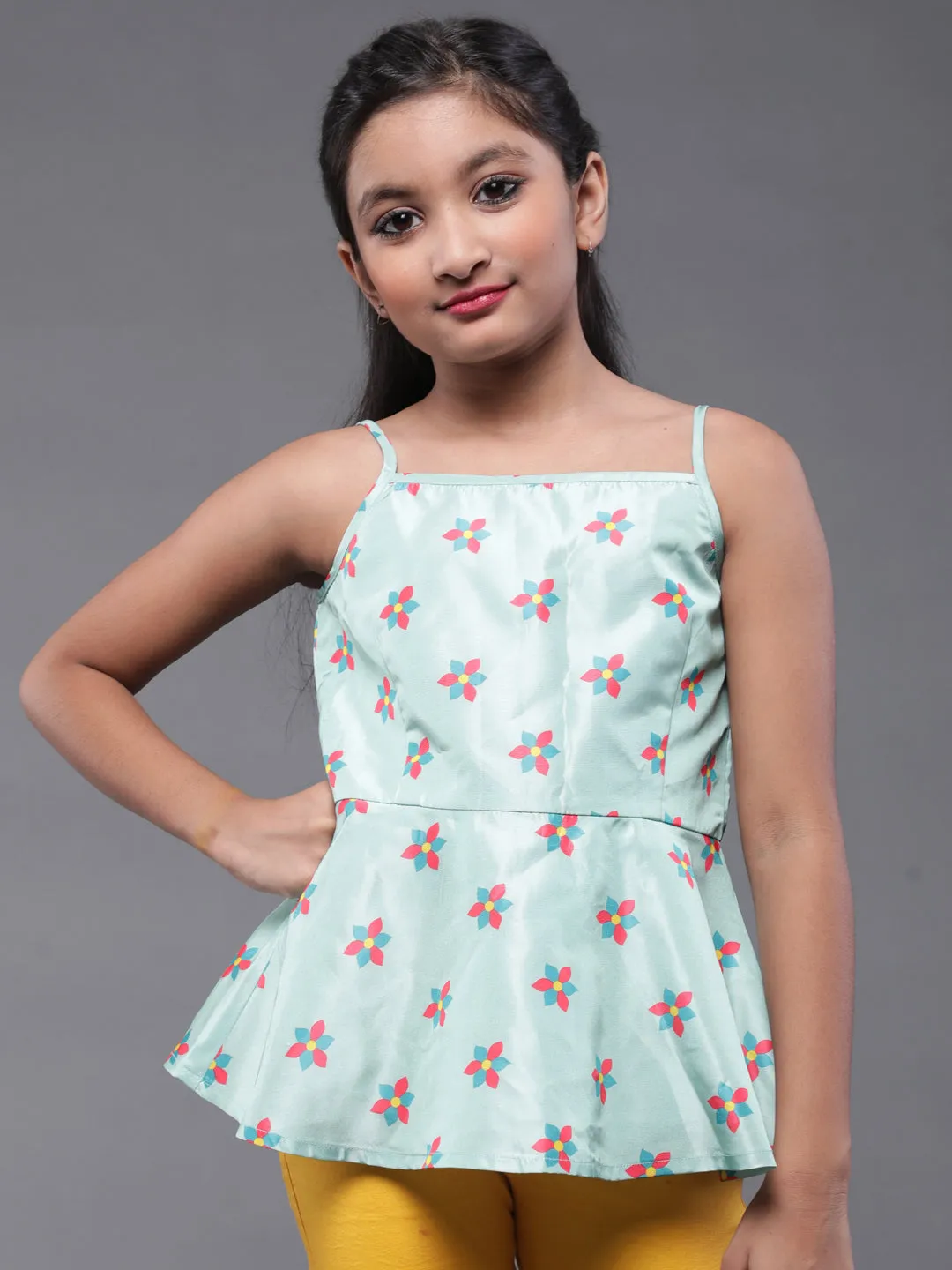 Girl's Sea Green Floral Printed Top - Aks Girls