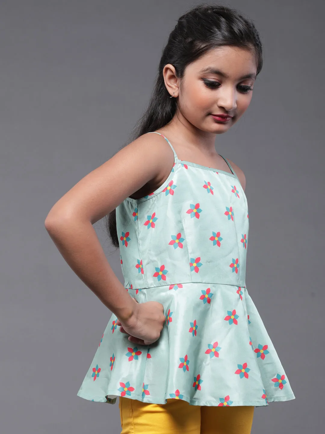 Girl's Sea Green Floral Printed Top - Aks Girls