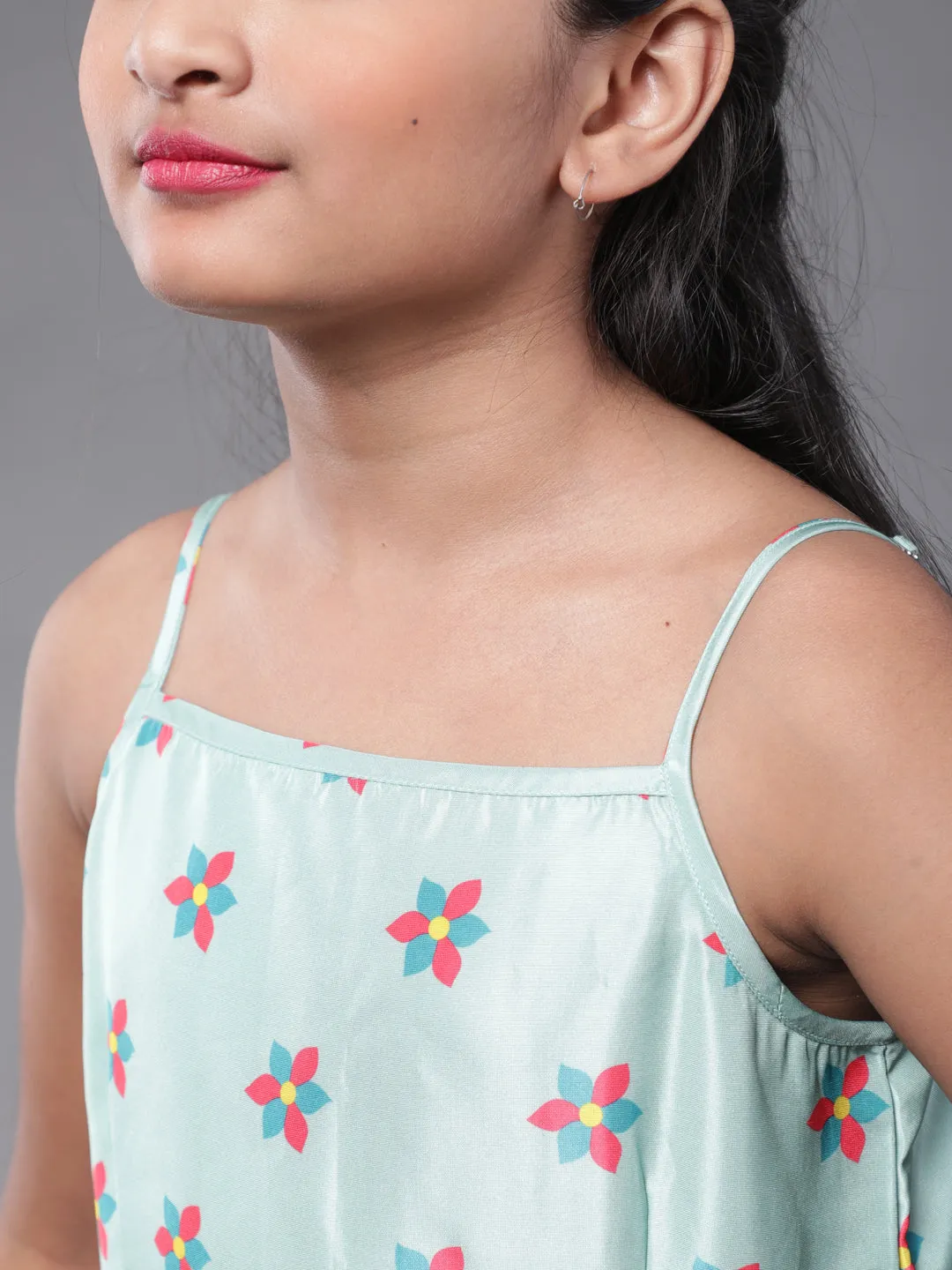 Girl's Sea Green Floral Printed Top - Aks Girls