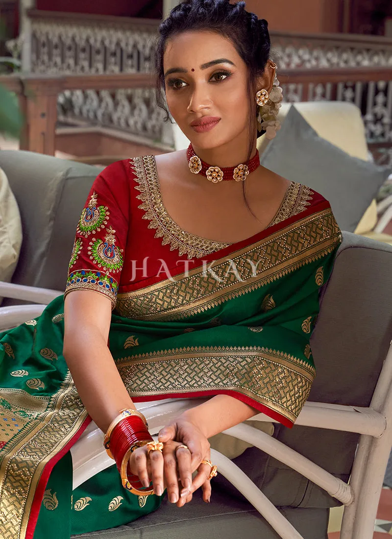 Green And Red Traditional Embroidered Silk Saree