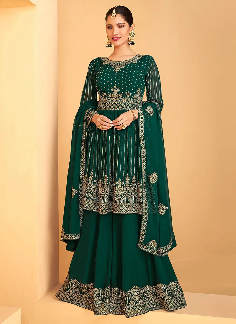 Green Georgette Embroidered Sharara Style Suit