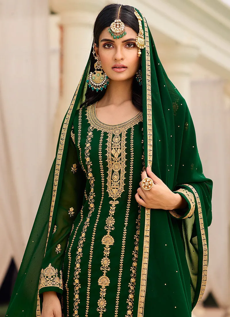 Green Golden Zari Embroidered Designer Gharara Suit