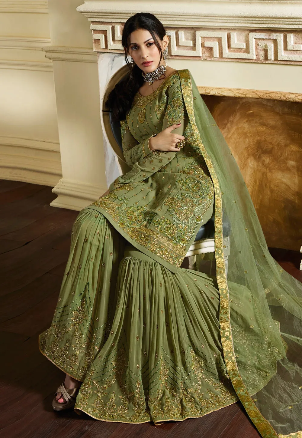 Green Overall Traditional Embroidered Gharara Suit