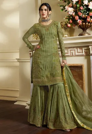 Green Overall Traditional Embroidered Gharara Suit