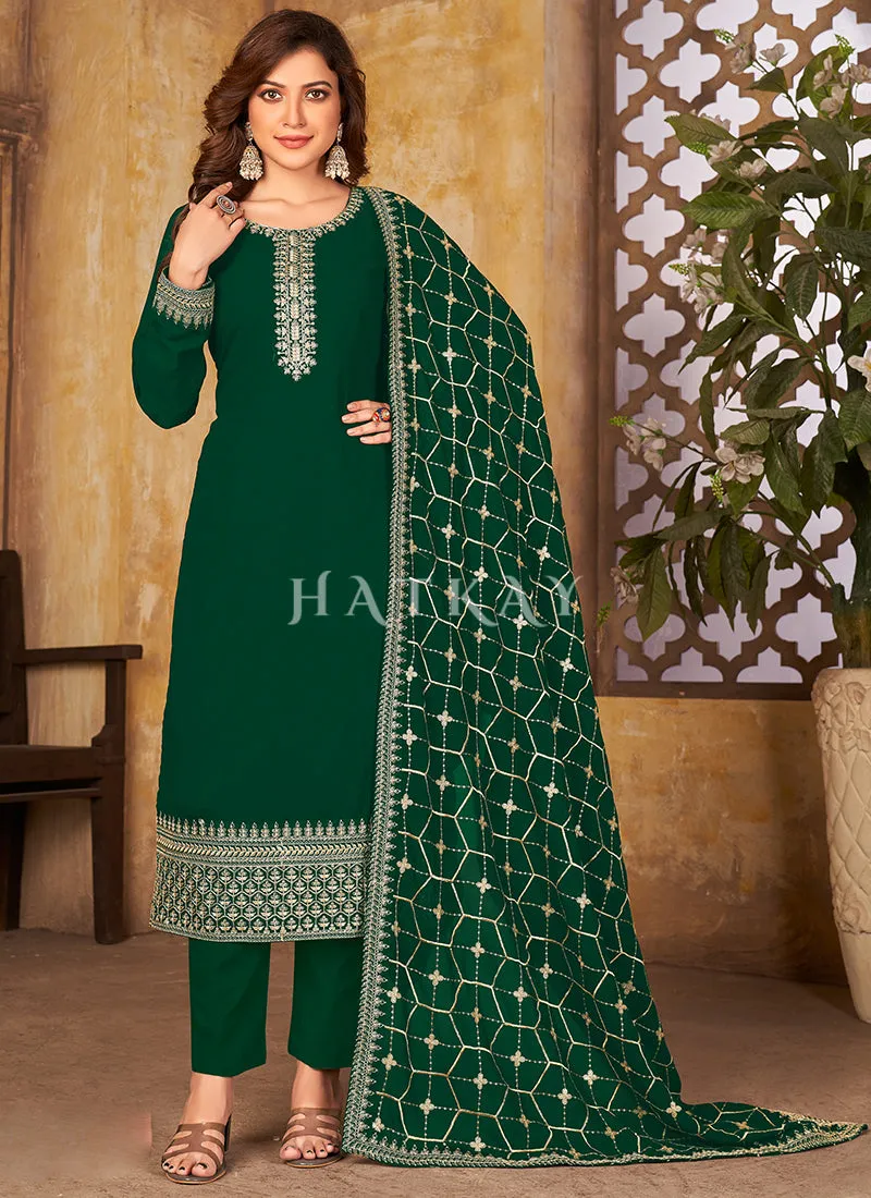 Green Traditional Embroidered Pant Style Salwar Suit